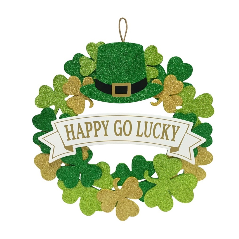 15.75” Happy Go Lucky St. Patrick's Day Shamrock Hanging Wreath - Picture 1 of 3